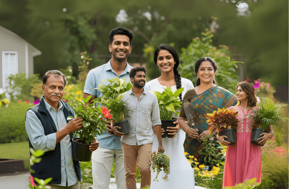 Happy family with plants in garden