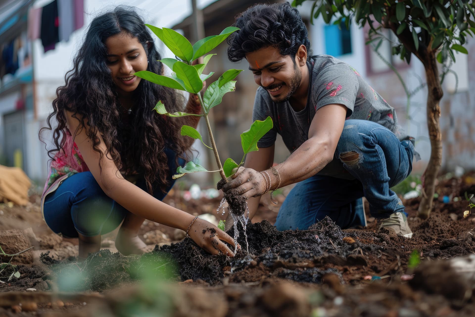 Two people planting together in a garden